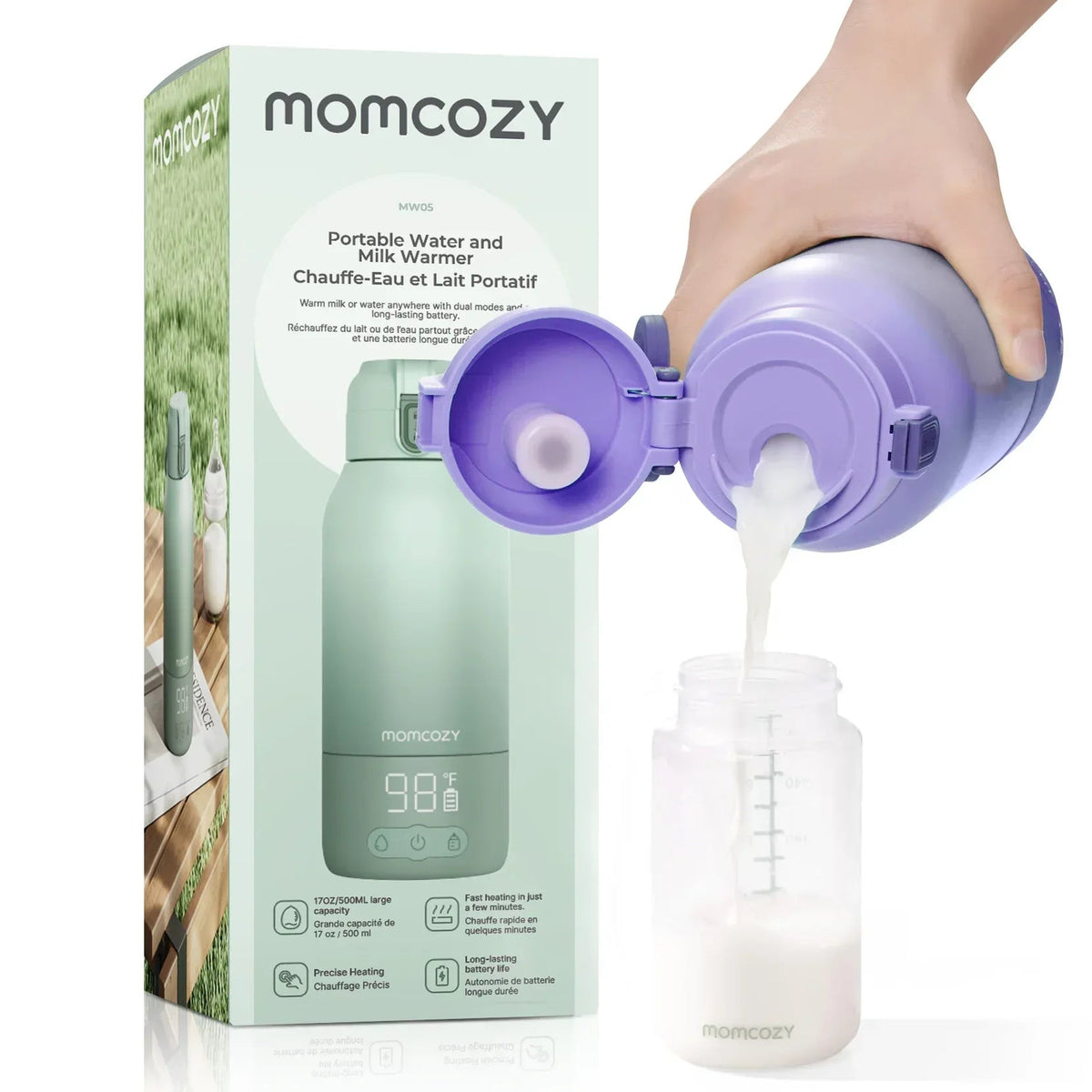 Momcozy Portable Milk Warmer for Travel – Dual Heating Modes for Breast Milk and Momcozy Portable Bottle Brush Set - Baby Bottle Cleaner Kit