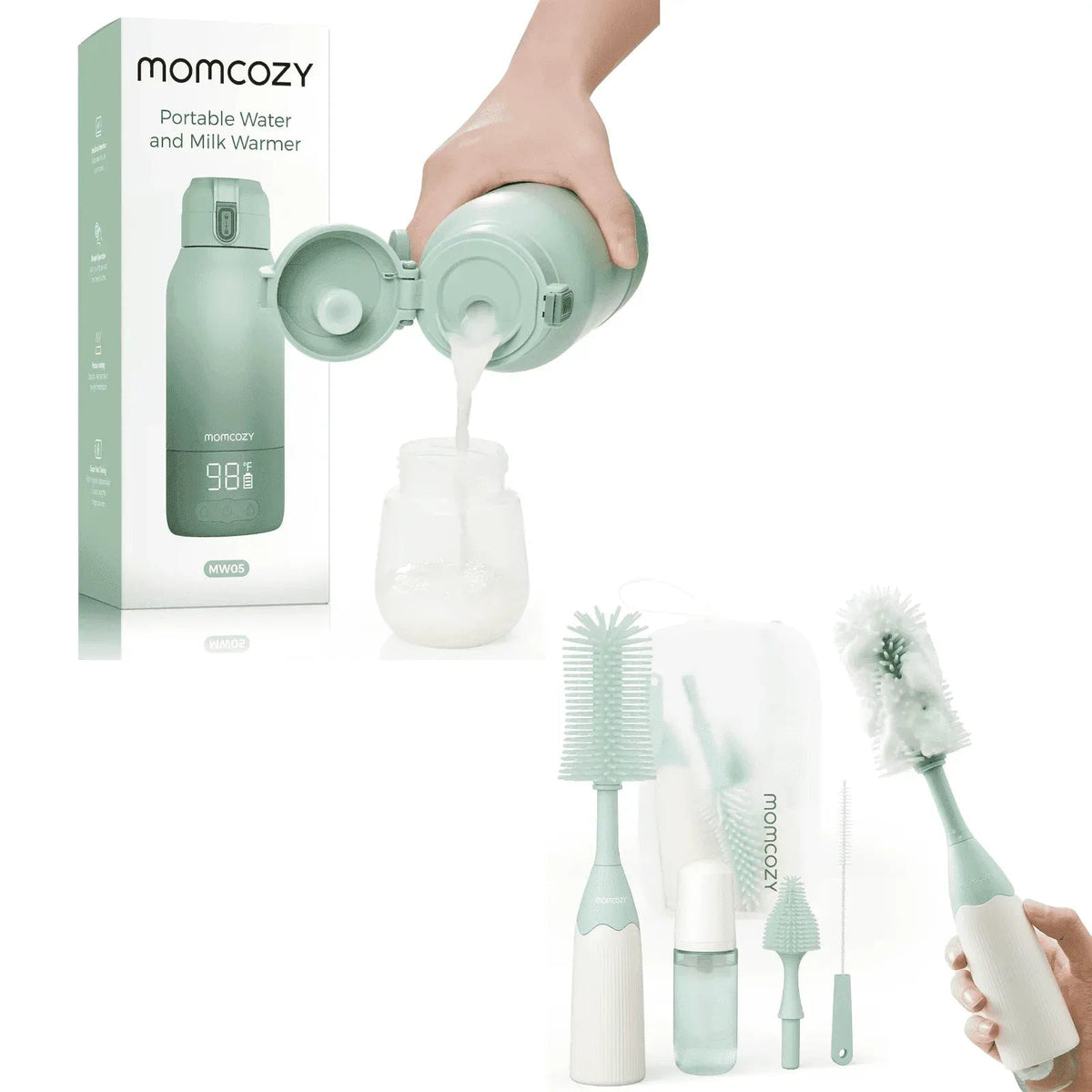 Momcozy Portable Milk Warmer for Travel – Dual Heating Modes for Breast Milk and Momcozy Portable Bottle Brush Set - Baby Bottle Cleaner Kit