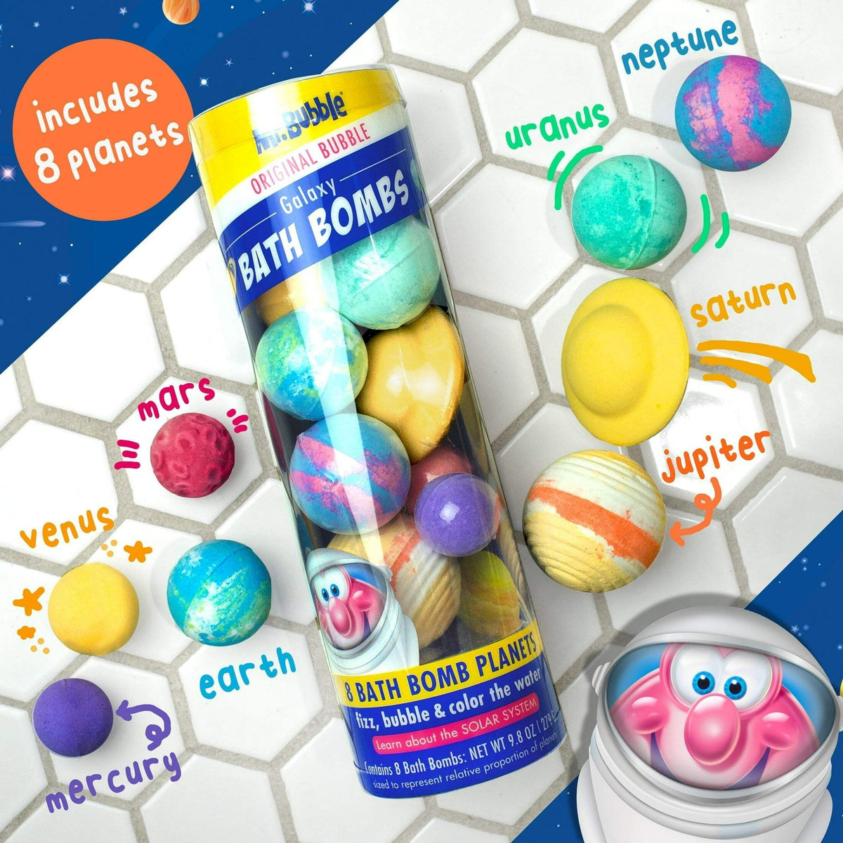 Mr. Bubble Galaxy Bath Bombs for Kids, Bubble Gum Scent, Sensory Fizz & Spin, STEM Toys, 8 Count