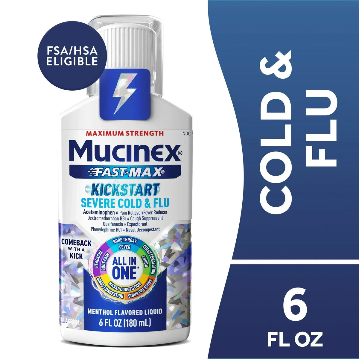 Mucinex Fast-Max Kickstart Severe Cold & Flu Liquid, OTC Cough Relief, Menthol Flavor, 6 fl oz