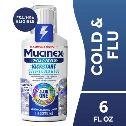Mucinex Fast-Max Kickstart Severe Cold & Flu Liquid, OTC Cough Relief, Menthol Flavor, 6 fl oz