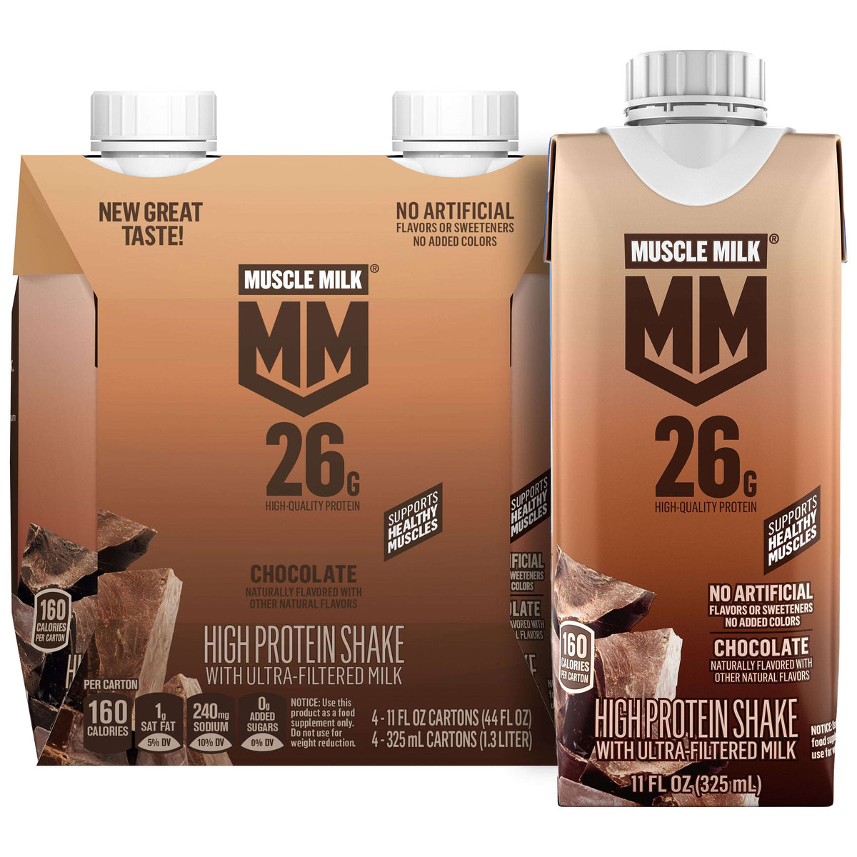 Muscle Milk 26g High Protein Shake, Chocolate, Ultra- Filtered Milk 11 fl oz, 4 pack