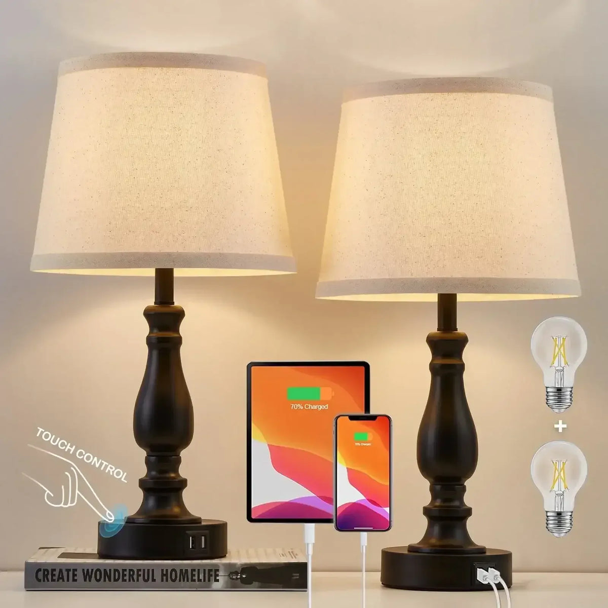 NATYSWAN Lamps for Bedrooms Set of 2, Brushed Nickel Bedside Lamps with USB Ports, 3 Way Dimmable Nightstand Lamps , Touch Table Lamp for Living Room Bedroom Office, Bulbs Included