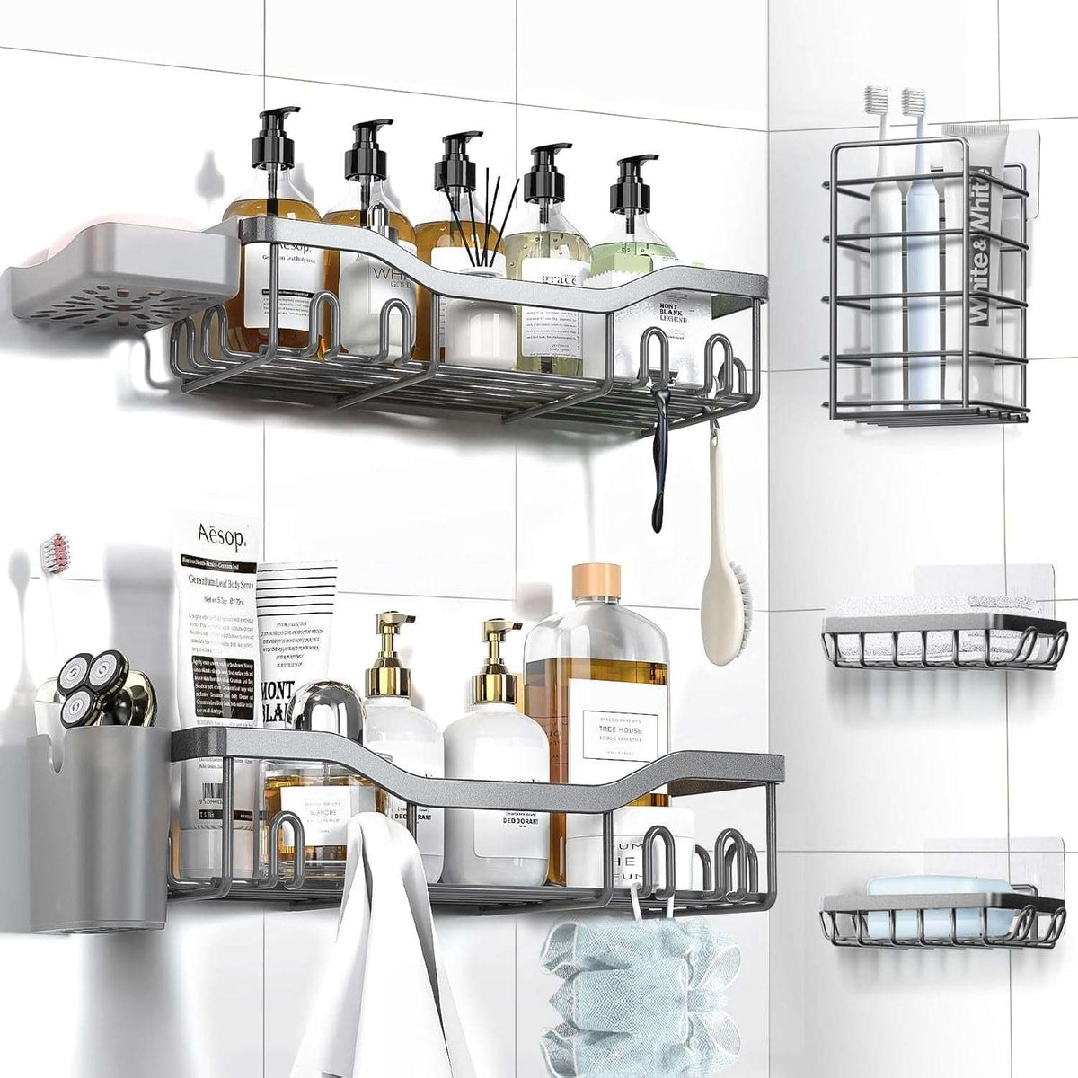 NESOMI Shower Caddy Adhesive Shower Organizer , Rustproof Stainless Steel Bathroom Shelves, Large Capacity No-Drill Rack Storage Accessories with Soap Dish Toothbrush Holder &24 Hooks Home Decor