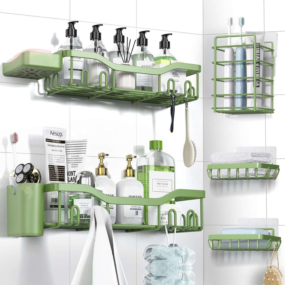 NESOMI Shower Caddy Adhesive Shower Organizer , Rustproof Stainless Steel Bathroom Shelves, Large Capacity No-Drill Rack Storage Accessories with Soap Dish Toothbrush Holder &24 Hooks Home Decor