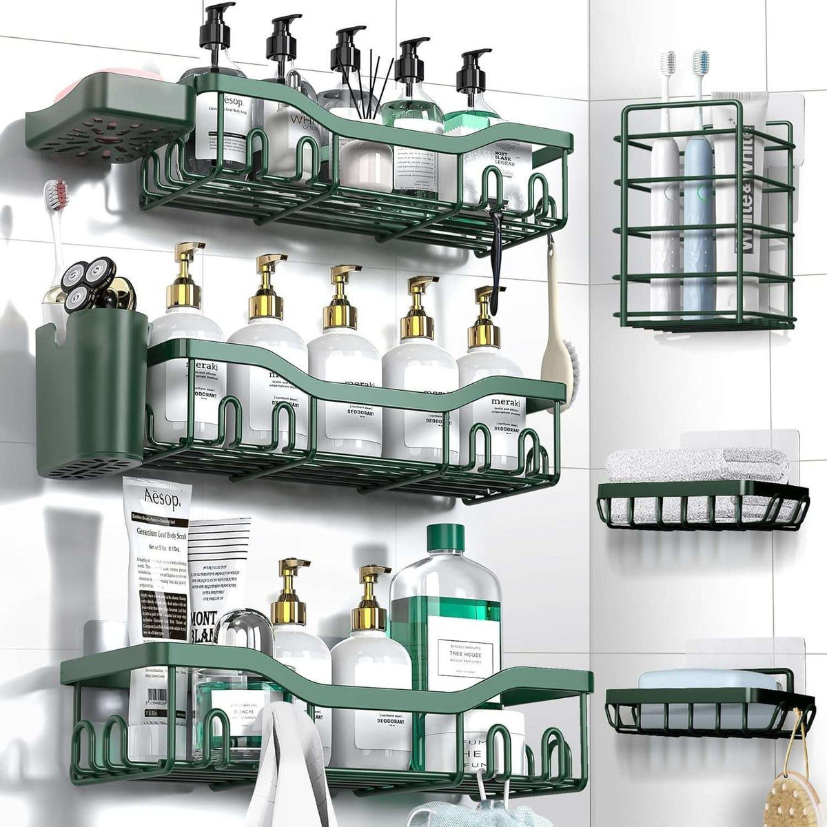 NESOMI Shower Caddy Adhesive Shower Organizer , Rustproof Stainless Steel Bathroom Shelves, Large Capacity No-Drill Rack Storage Accessories with Soap Dish Toothbrush Holder &24 Hooks Home Decor