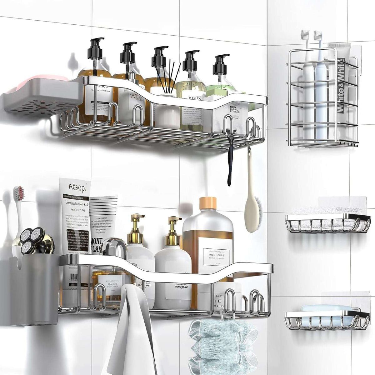 NESOMI Shower Caddy Adhesive Shower Organizer , Rustproof Stainless Steel Bathroom Shelves, Large Capacity No-Drill Rack Storage Accessories with Soap Dish Toothbrush Holder &24 Hooks Home Decor