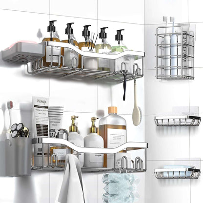 NESOMI Shower Caddy Adhesive Shower Organizer , Rustproof Stainless Steel Bathroom Shelves, Large Capacity No-Drill Rack Storage Accessories with Soap Dish Toothbrush Holder &24 Hooks Home Decor