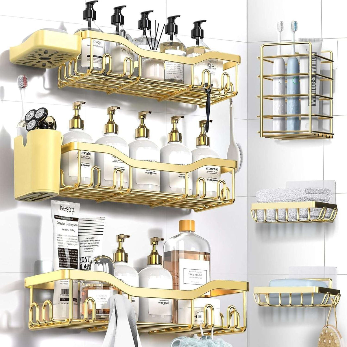 NESOMI Shower Caddy Adhesive Shower Organizer , Rustproof Stainless Steel Bathroom Shelves, Large Capacity No-Drill Rack Storage Accessories with Soap Dish Toothbrush Holder &24 Hooks Home Decor