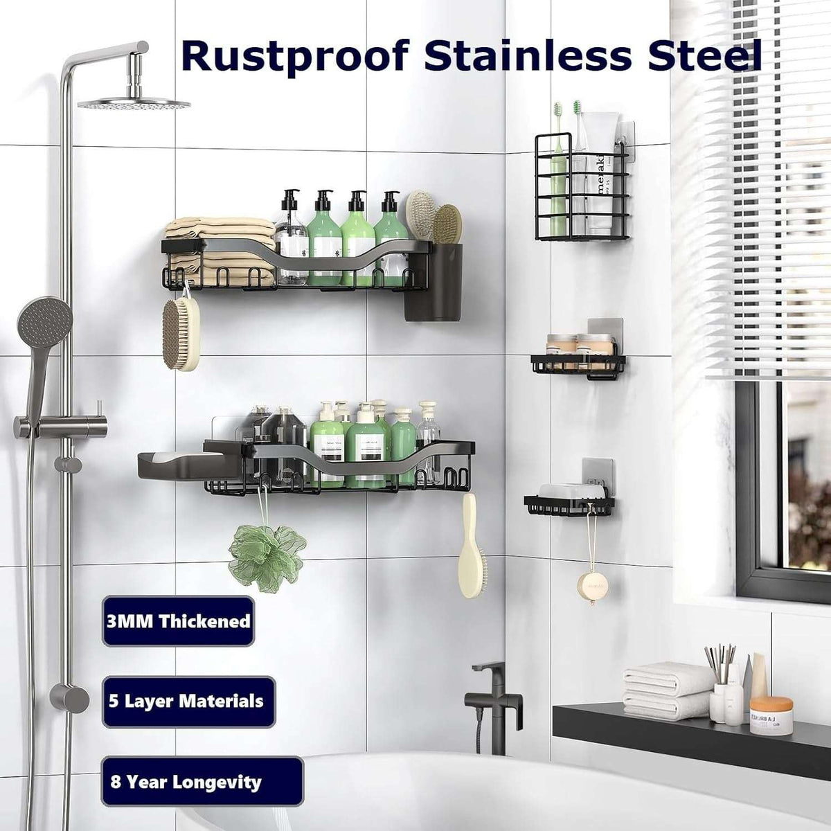 NESOMI Shower Caddy Adhesive Shower Organizer , Rustproof Stainless Steel Bathroom Shelves, Large Capacity No-Drill Rack Storage Accessories with Soap Dish Toothbrush Holder &24 Hooks Home Decor