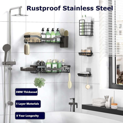 NESOMI Shower Caddy Adhesive Shower Organizer , Rustproof Stainless Steel Bathroom Shelves, Large Capacity No-Drill Rack Storage Accessories with Soap Dish Toothbrush Holder &24 Hooks Home Decor