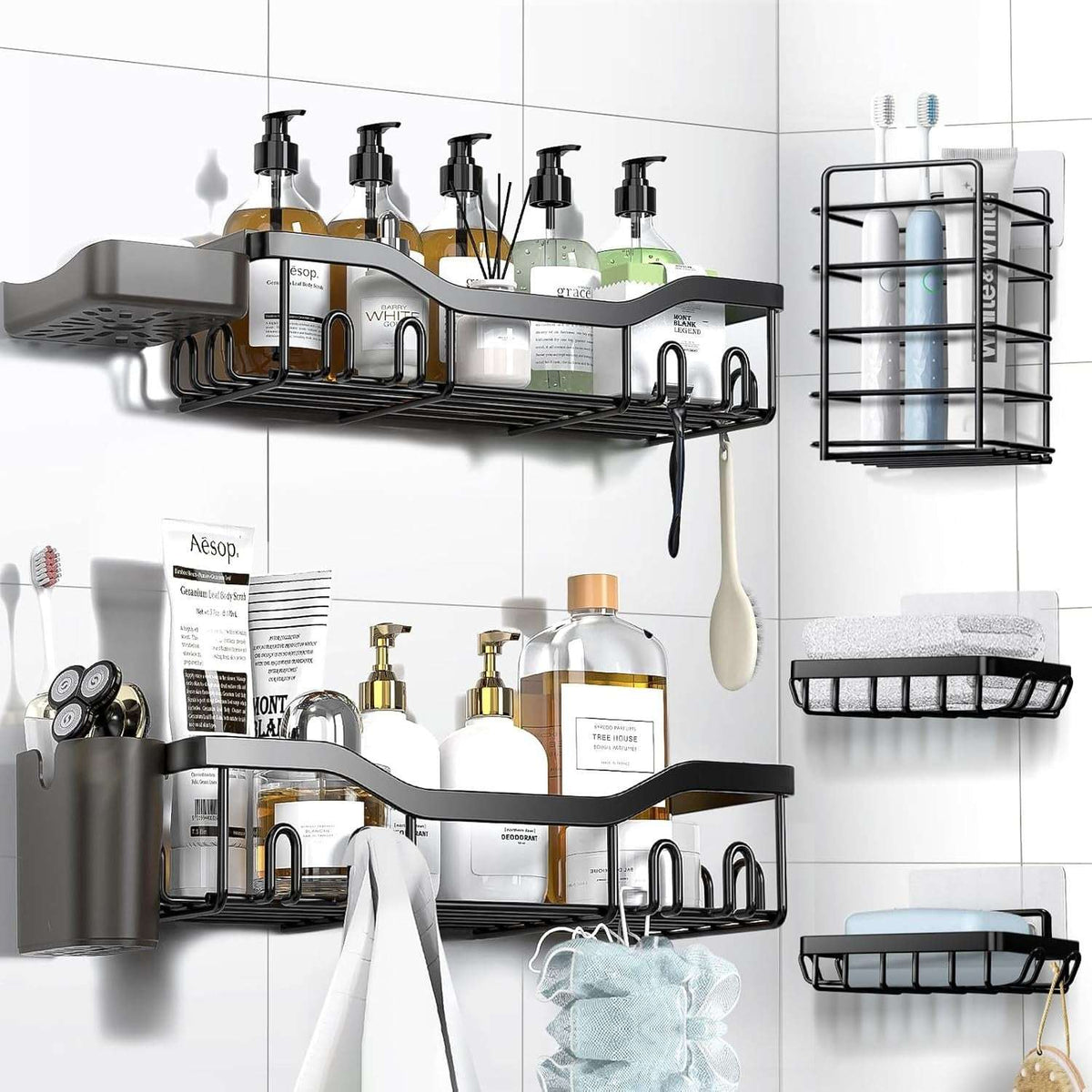 NESOMI Shower Caddy Adhesive Shower Organizer , Rustproof Stainless Steel Bathroom Shelves, Large Capacity No-Drill Rack Storage Accessories with Soap Dish Toothbrush Holder &24 Hooks Home Decor