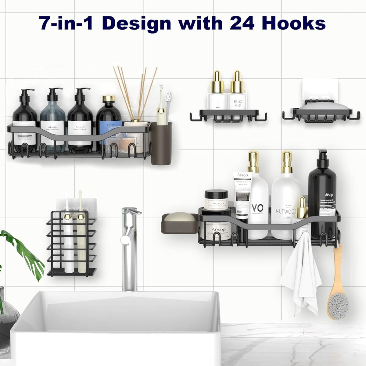 NESOMI Shower Caddy Adhesive Shower Organizer , Rustproof Stainless Steel Bathroom Shelves, Large Capacity No-Drill Rack Storage Accessories with Soap Dish Toothbrush Holder &24 Hooks Home Decor