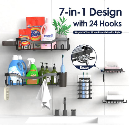 NESOMI Shower Caddy Adhesive Shower Organizer , Rustproof Stainless Steel Bathroom Shelves, Large Capacity No-Drill Rack Storage Accessories with Soap Dish Toothbrush Holder &24 Hooks Home Decor