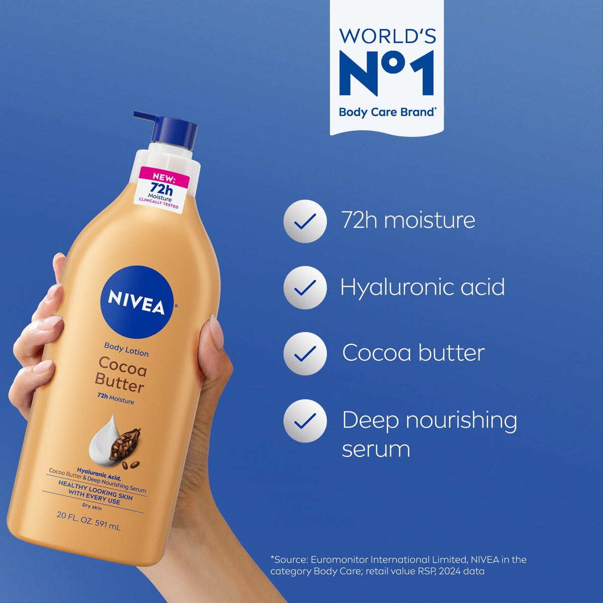 NIVEA Cocoa Butter Body Lotion for Dry Skin with Hyaluronic Acid, 72Hr Moisturizer, 20 fl oz