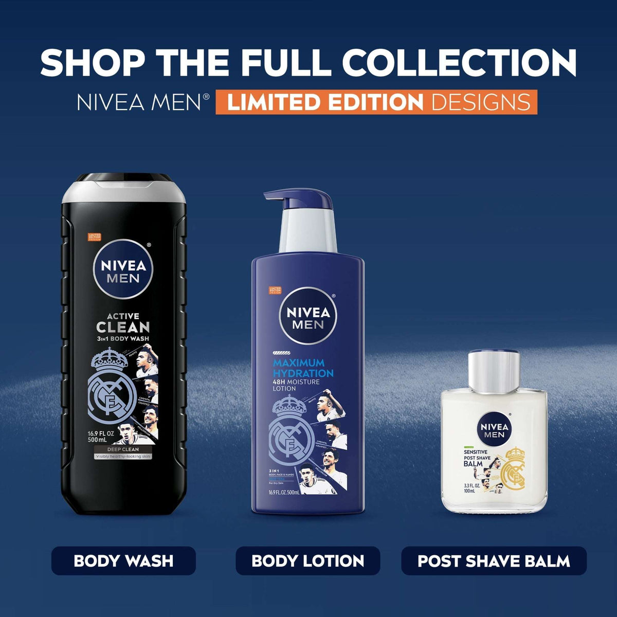 NIVEA MEN Real Madrid Limited Edition Design Active Clean 3-in-1 Men's Body Wash with Charcoal, Vanilla Bourbon Scent, 16.9 fl oz