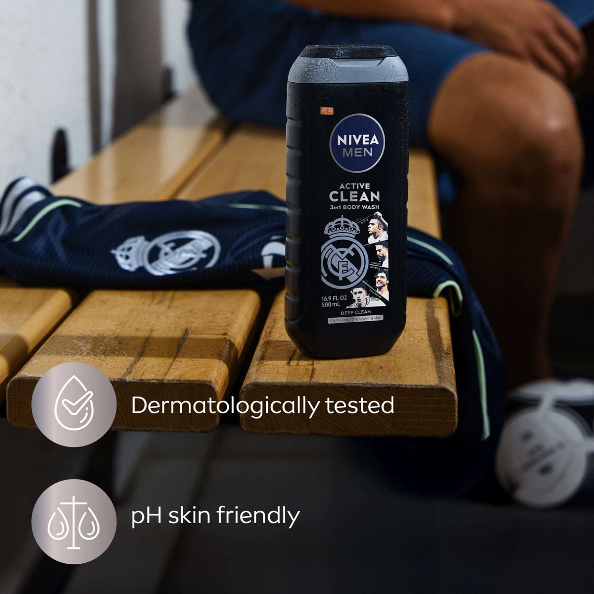 NIVEA MEN Real Madrid Limited Edition Design Active Clean 3-in-1 Men's Body Wash with Charcoal, Vanilla Bourbon Scent, 16.9 fl oz