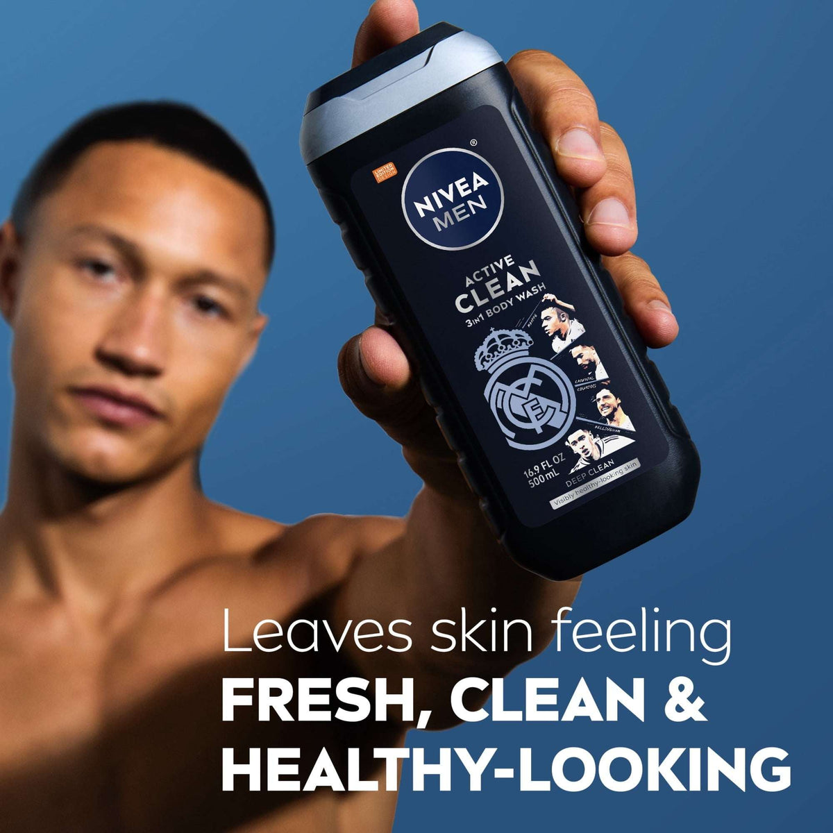 NIVEA MEN Real Madrid Limited Edition Design Active Clean 3-in-1 Men's Body Wash with Charcoal, Vanilla Bourbon Scent, 16.9 fl oz