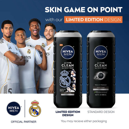 NIVEA MEN Real Madrid Limited Edition Design Active Clean 3-in-1 Men's Body Wash with Charcoal, Vanilla Bourbon Scent, 16.9 fl oz