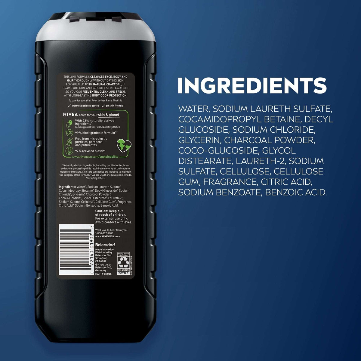 NIVEA MEN Real Madrid Limited Edition Design Active Clean 3-in-1 Men's Body Wash with Charcoal, Vanilla Bourbon Scent, 16.9 fl oz