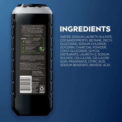 NIVEA MEN Real Madrid Limited Edition Design Active Clean 3-in-1 Men's Body Wash with Charcoal, Vanilla Bourbon Scent, 16.9 fl oz