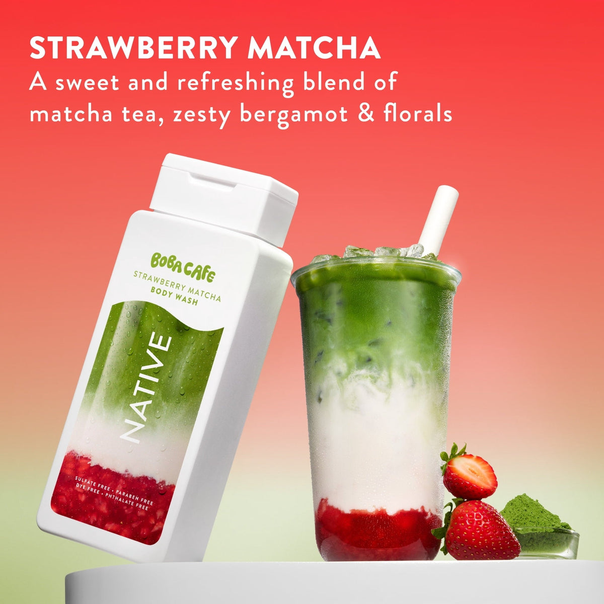 Native Body Wash, Limited Edition Strawberry Matcha, Sulfate Free Body Wash for Women & Men, Boba Café, 18 fl oz