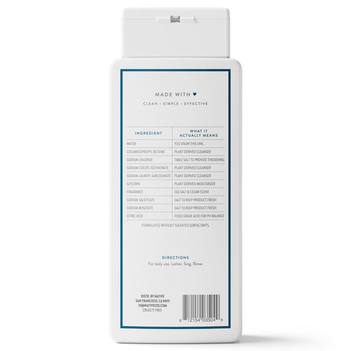 Native Body Wash, Sea Salt & Cedar, Sulfate Free, for Women & Men, 18 fl oz