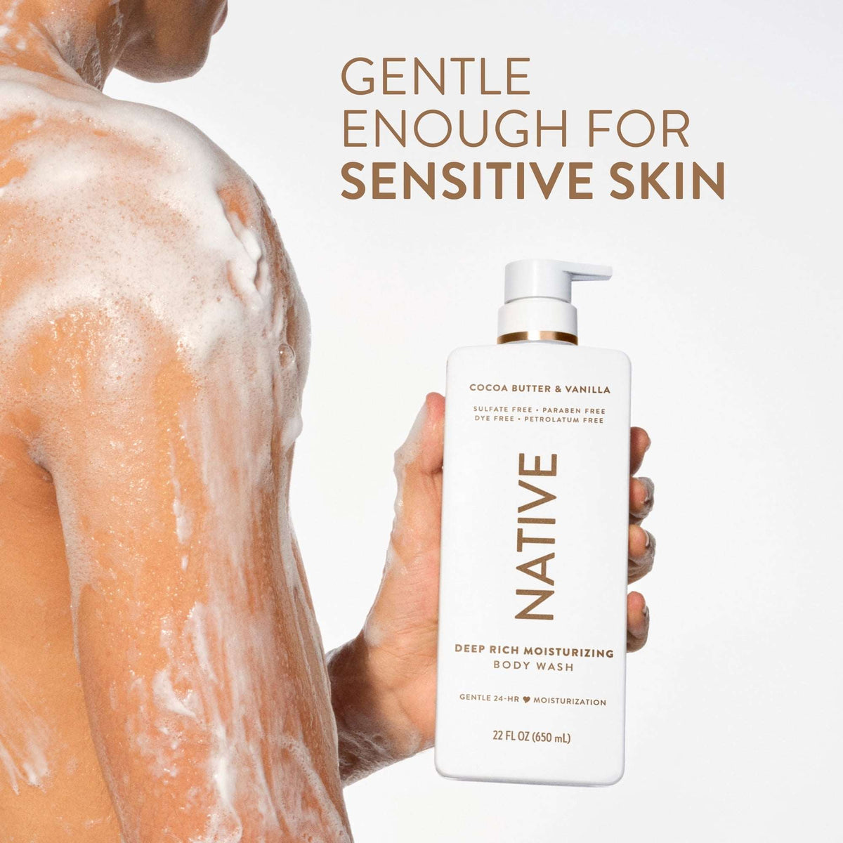Native Moisturizing Body Wash, Cocoa Butter & Vanilla, Sulfate Free, 24hr Moisturization with Shea Butter, for Women & Men for Dry Skin, 22 fl oz