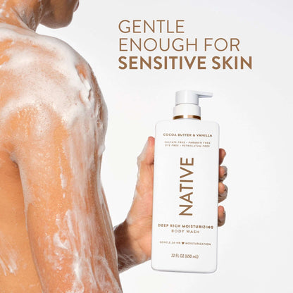 Native Moisturizing Body Wash, Cocoa Butter & Vanilla, Sulfate Free, 24hr Moisturization with Shea Butter, for Women & Men for Dry Skin, 22 fl oz