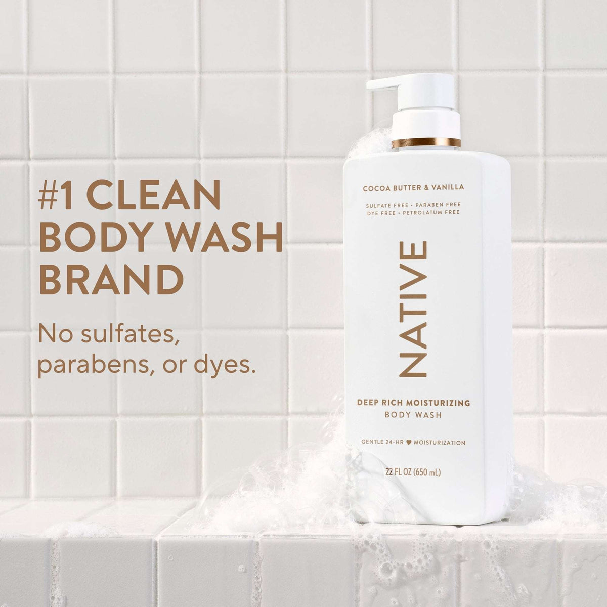 Native Moisturizing Body Wash, Cocoa Butter & Vanilla, Sulfate Free, 24hr Moisturization with Shea Butter, for Women & Men for Dry Skin, 22 fl oz