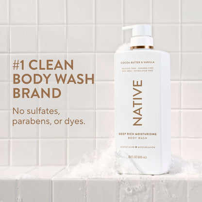 Native Moisturizing Body Wash, Cocoa Butter & Vanilla, Sulfate Free, 24hr Moisturization with Shea Butter, for Women & Men for Dry Skin, 22 fl oz