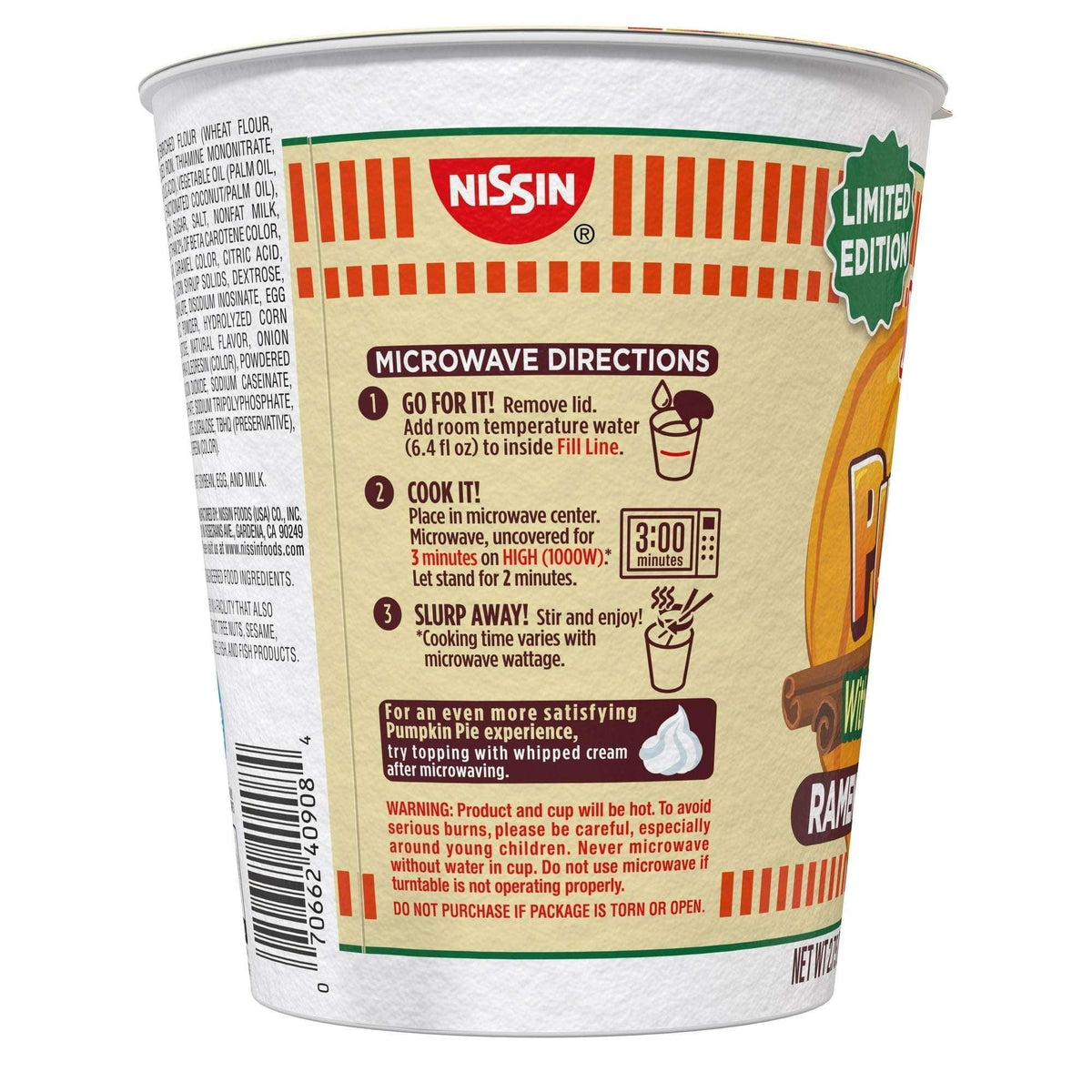 Nissin Foods Cup Noodles Limited Edition Ramen Noodles Pumpkin Pie Flavor, 2.75oz Shelf Stable Cup