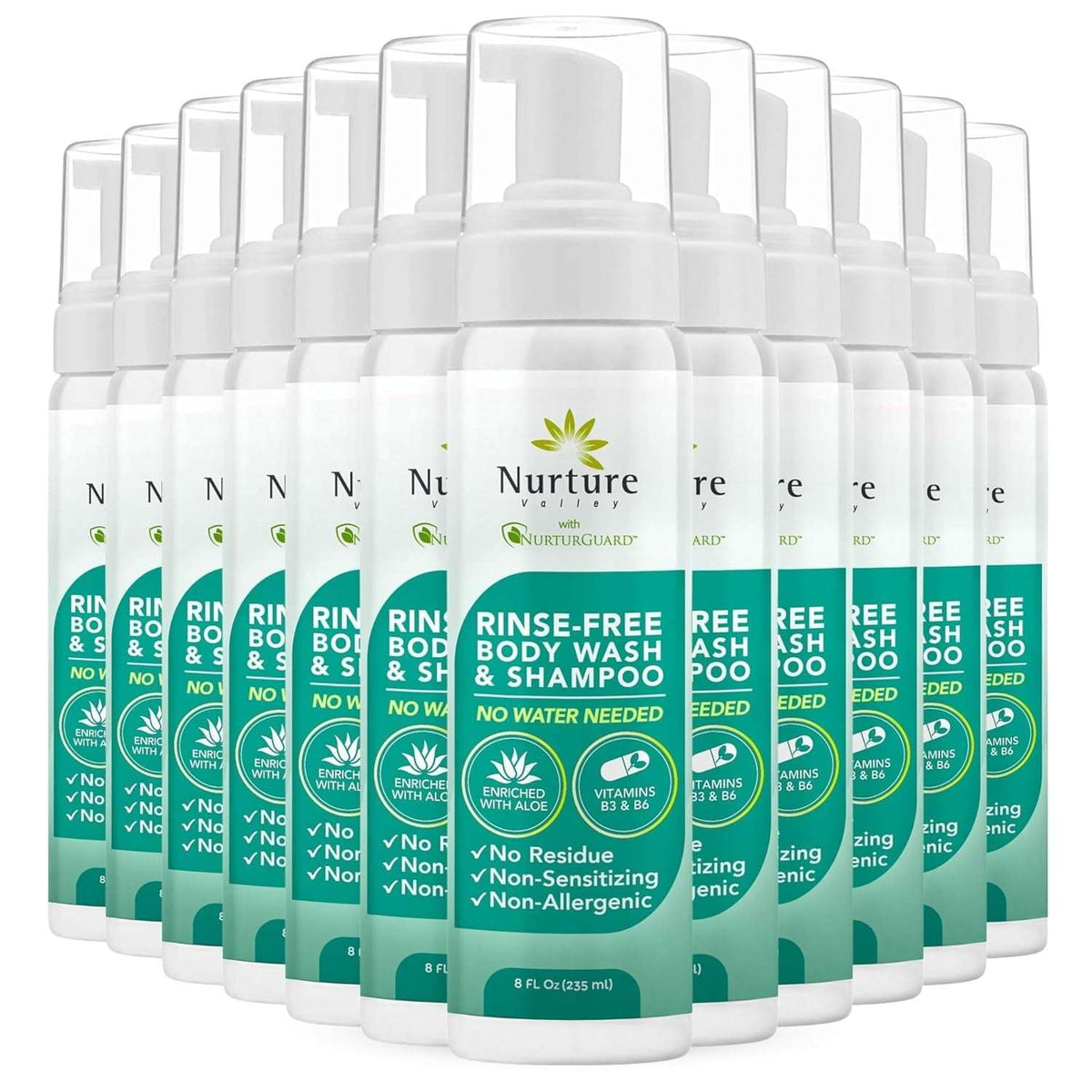 Nurture Rinse Free Body Wash & Shampoo, Hospital Grade Waterless Cleansing Foam for Hair & Body, Ideal for Sensitive Skin, Women, Elderly, 3 Pack
