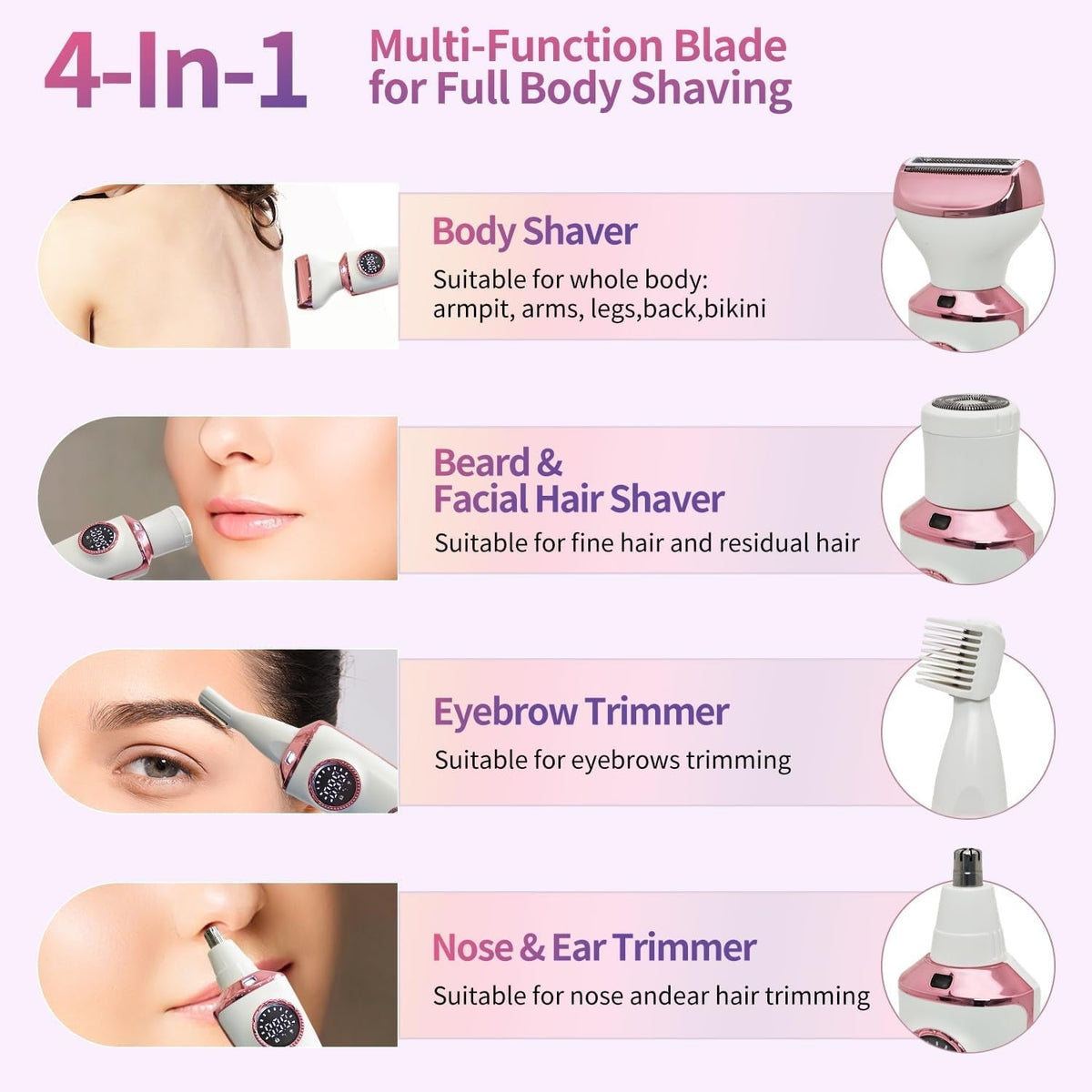 OBACRE Bikini Trimmer for Women,4-in-1 Electric Razors for Women,IPX7 Waterproof Rechargeable Cordless Pubic Hair Shaver with LED Display for Ladies Bikini Pubic, Face, Underarms, Legs