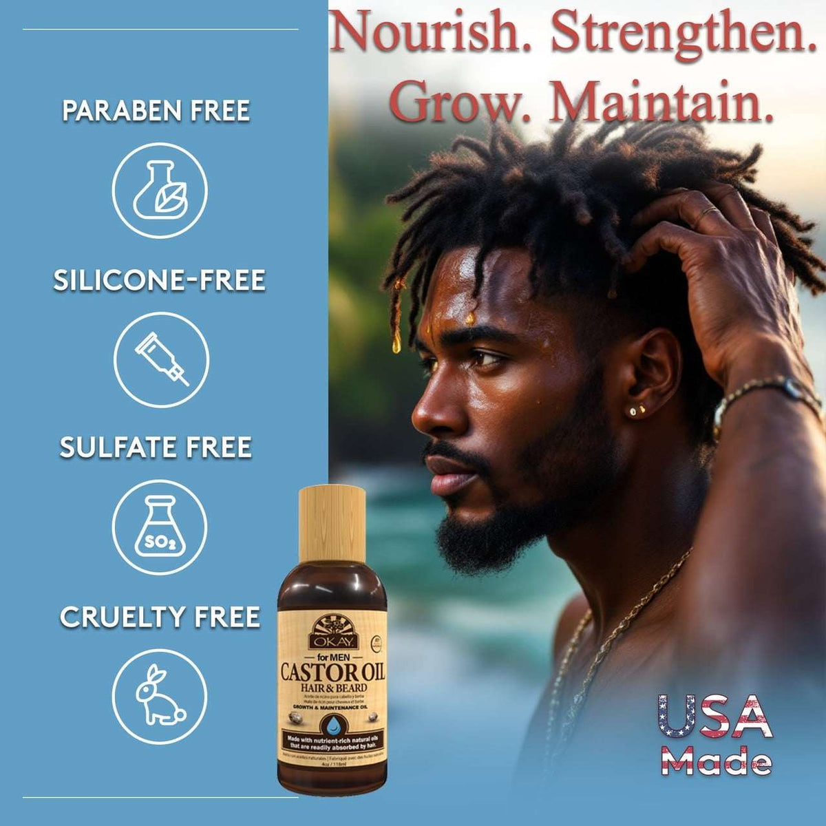 OKAY Men Castor Oil Beard & Hair Growth Oil Lightweight – Moisturizing & Growth-Stimulating Grooming Oil, Silicone & Paraben-Free, All Hair & Beard Types, 4 oz / 118 ml
