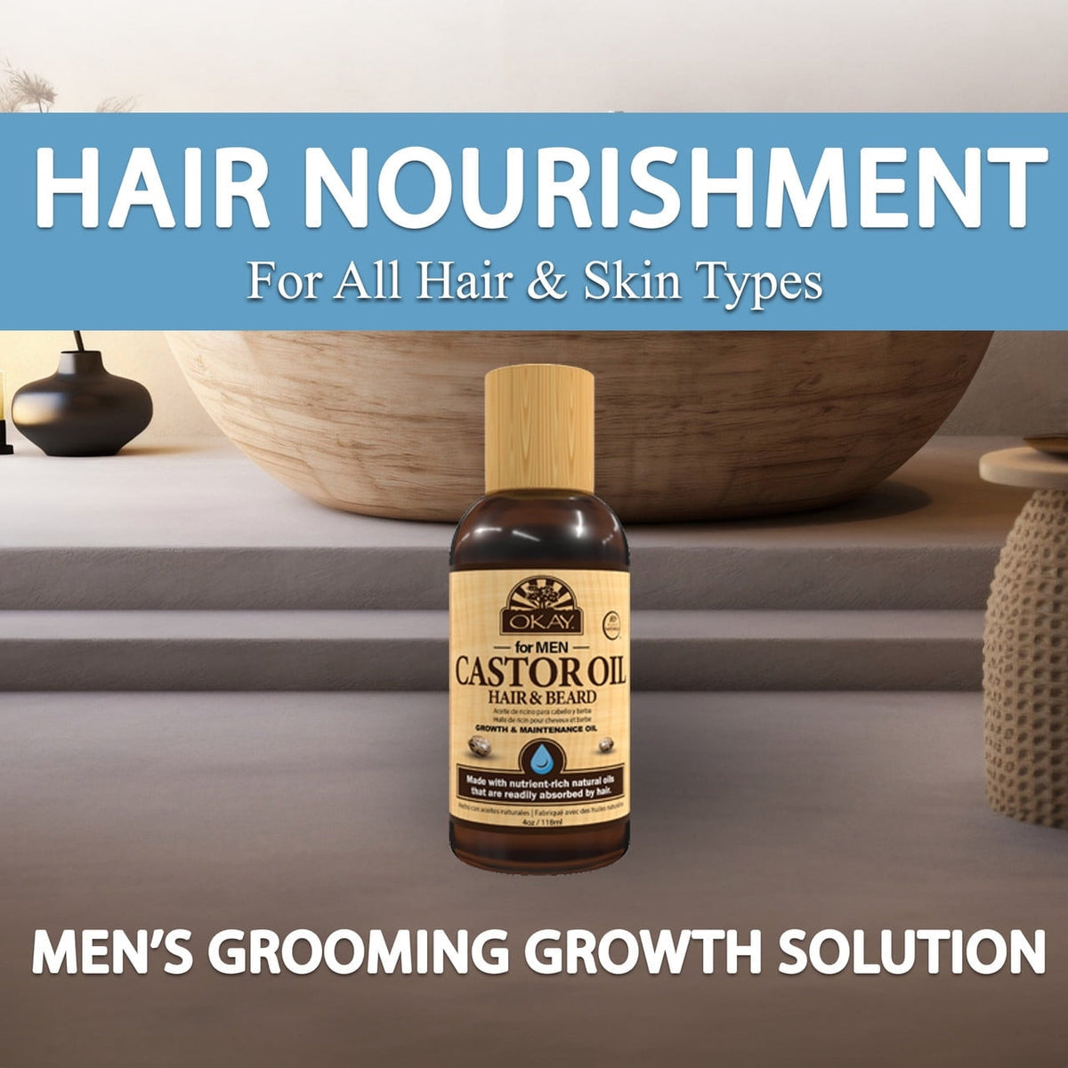 OKAY Men Castor Oil Beard & Hair Growth Oil Lightweight – Moisturizing & Growth-Stimulating Grooming Oil, Silicone & Paraben-Free, All Hair & Beard Types, 4 oz / 118 ml