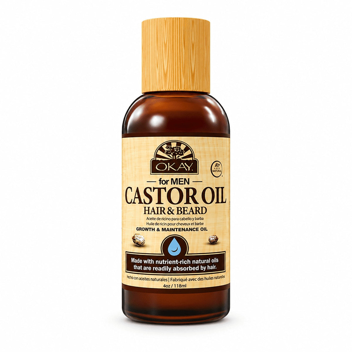 OKAY Men Castor Oil Beard & Hair Growth Oil Lightweight – Moisturizing & Growth-Stimulating Grooming Oil, Silicone & Paraben-Free, All Hair & Beard Types, 4 oz / 118 ml