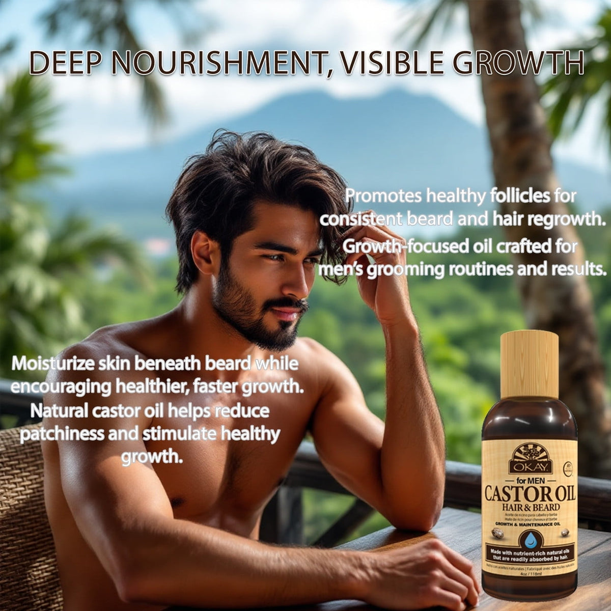 OKAY Men Castor Oil Beard & Hair Growth Oil Lightweight – Moisturizing & Growth-Stimulating Grooming Oil, Silicone & Paraben-Free, All Hair & Beard Types, 4 oz / 118 ml