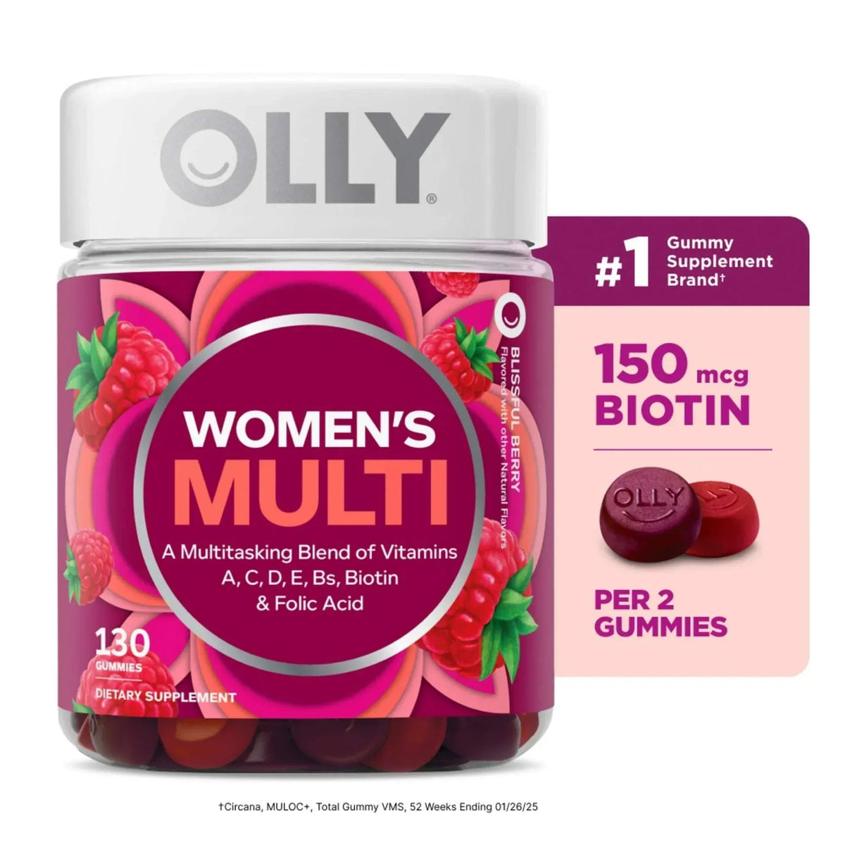 OLLY Women's Multivitamin Gummy Supplement, Vitamins A, D, C, E, Biotin, Folic Acid, 90 Ct