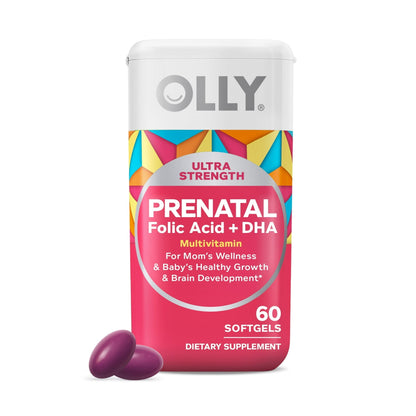 OLLY Ultra Strength Prenatal Multivitamin Softgels, Folic Acid, DHA, Iron, Vitamins B, C, D & E, 60 Count
