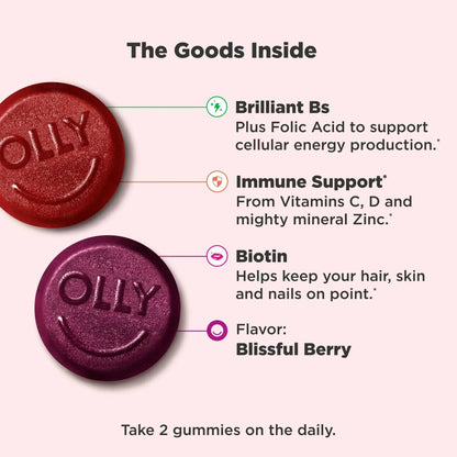 OLLY Women's Multivitamin Gummy, Vitamin A, D, C, E, Biotin, Folic Acid, Berry Flavor, 90 Ct