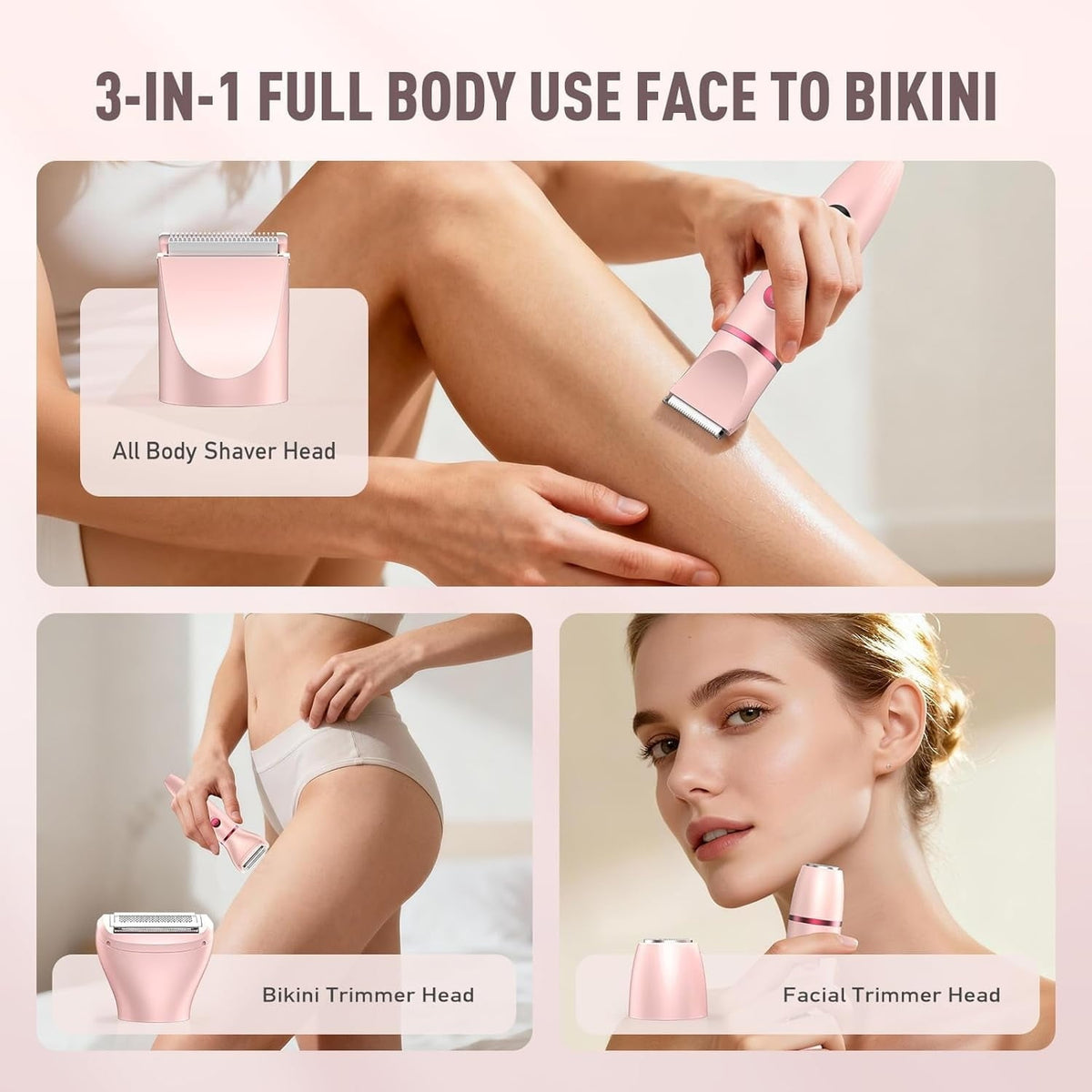 Obacre Bikini Trimmer for Women, 3 in 1 Electric Razors for Women, IPX7 Waterproof Wet Dry Body Shaver Pubic Hair Trimmer Facial Hair Remover with Ceramic Blade USB Recharge Dock Gift for Women