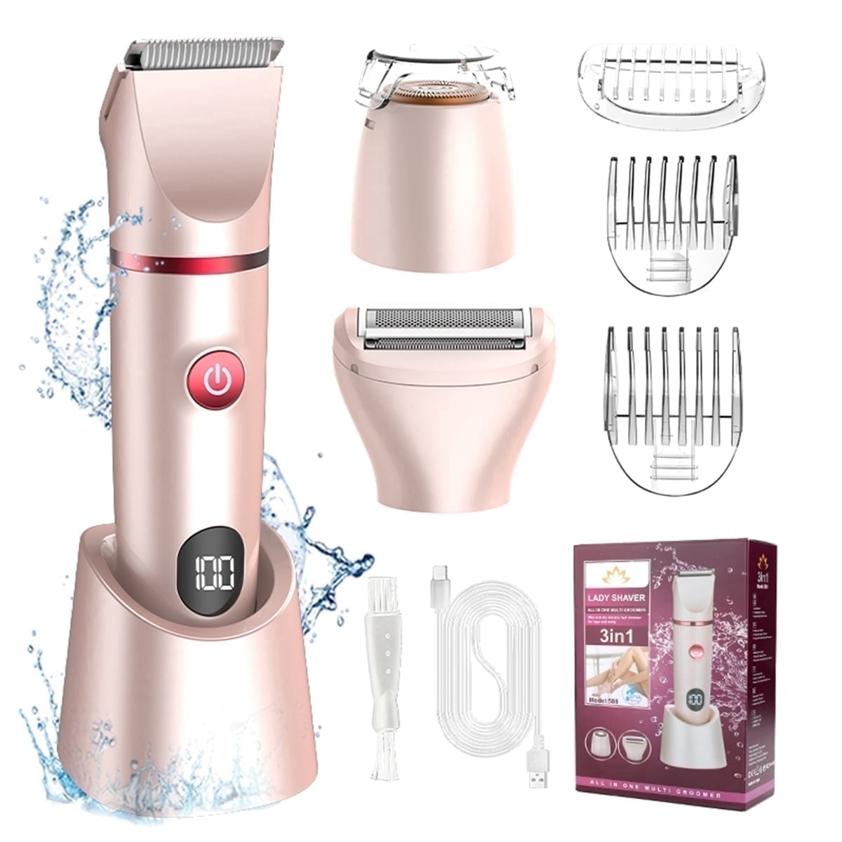Obacre Bikini Trimmer for Women, 3 in 1 Electric Razors for Women, IPX7 Waterproof Wet Dry Body Shaver Pubic Hair Trimmer Facial Hair Remover with Ceramic Blade USB Recharge Dock Gift for Women