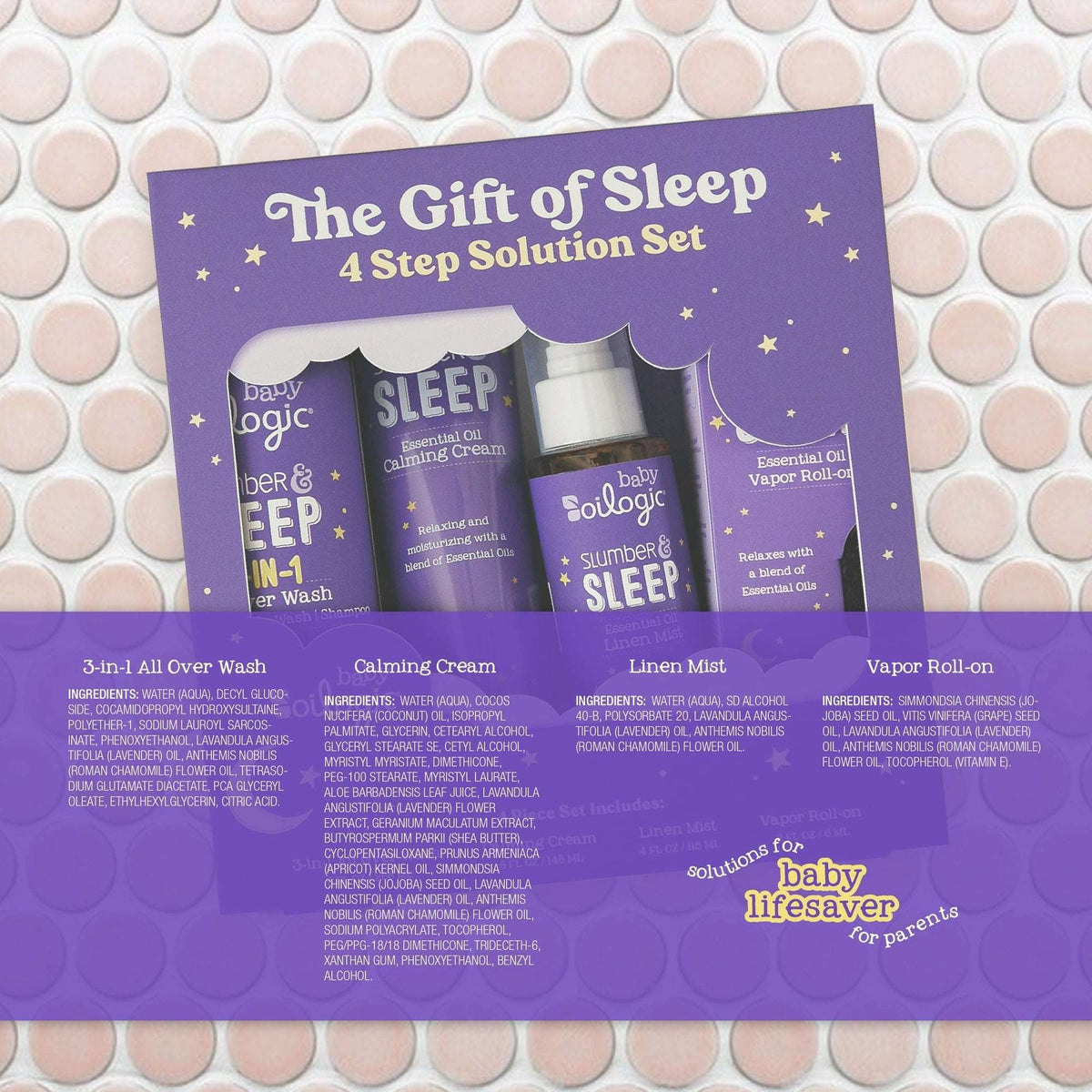 Oilogic, The Gift of Sleep, Baby Sleep Bundle using Essential Oils, Essential Oil Roll on .2 oz, All-Over Wash 9 oz, Calming Cream 5 oz, Linen Mist, 4 oz