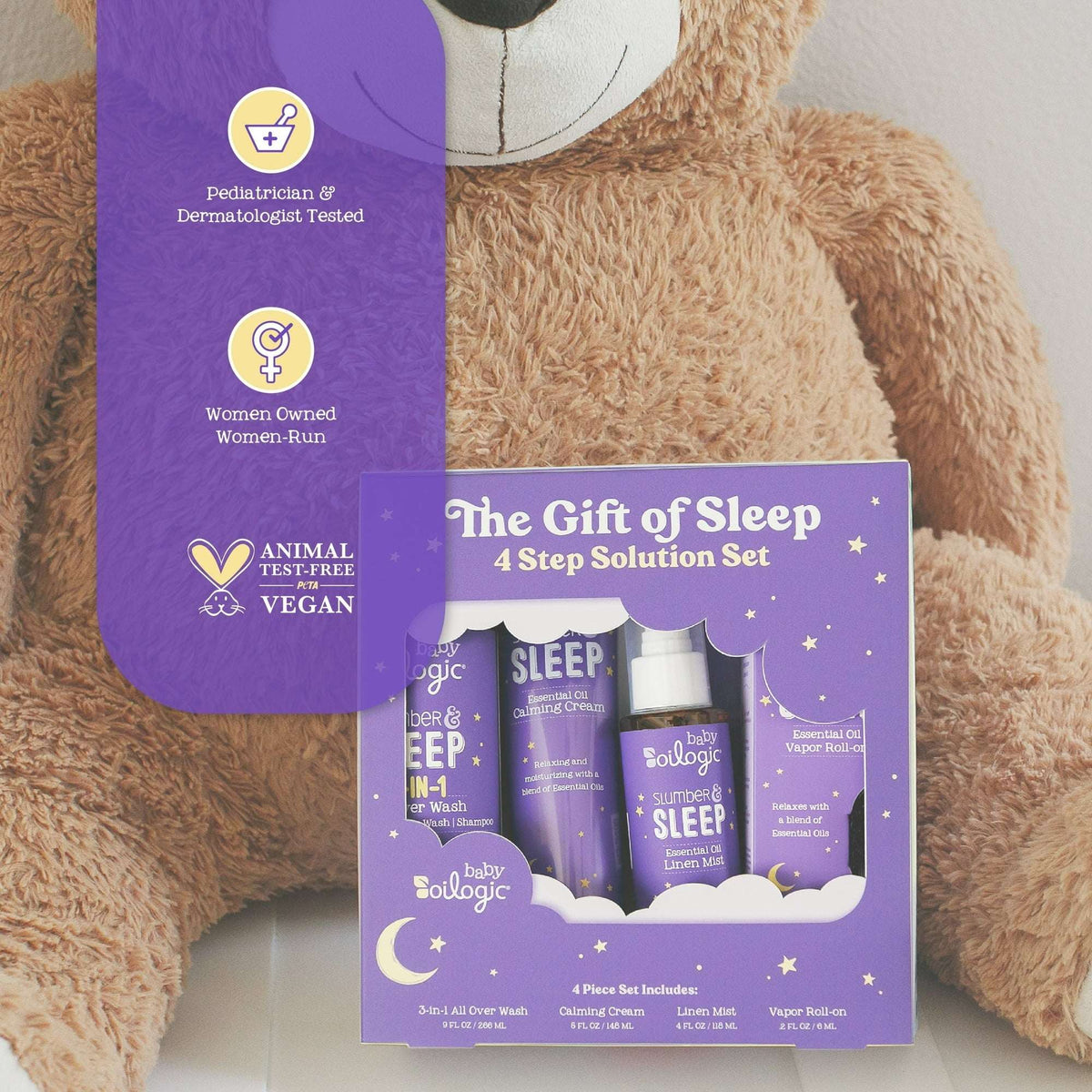 Oilogic, The Gift of Sleep, Baby Sleep Bundle using Essential Oils, Essential Oil Roll on .2 oz, All-Over Wash 9 oz, Calming Cream 5 oz, Linen Mist, 4 oz