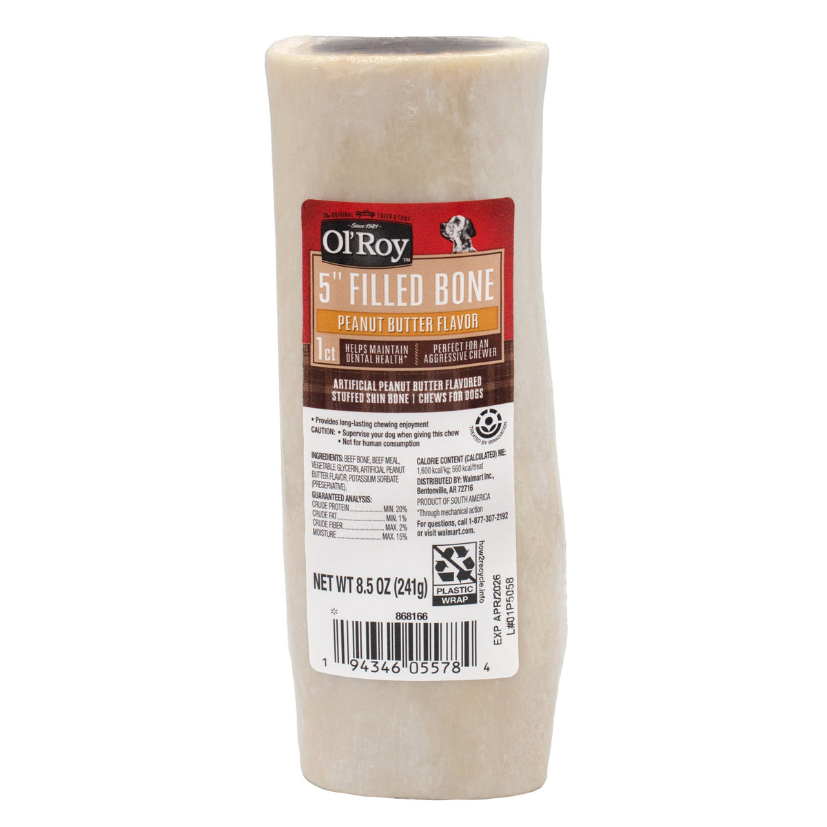 Ol' Roy 5" Stuffed Shin Dog Dry Chew Bone, Bacon & Cheese 1 Count