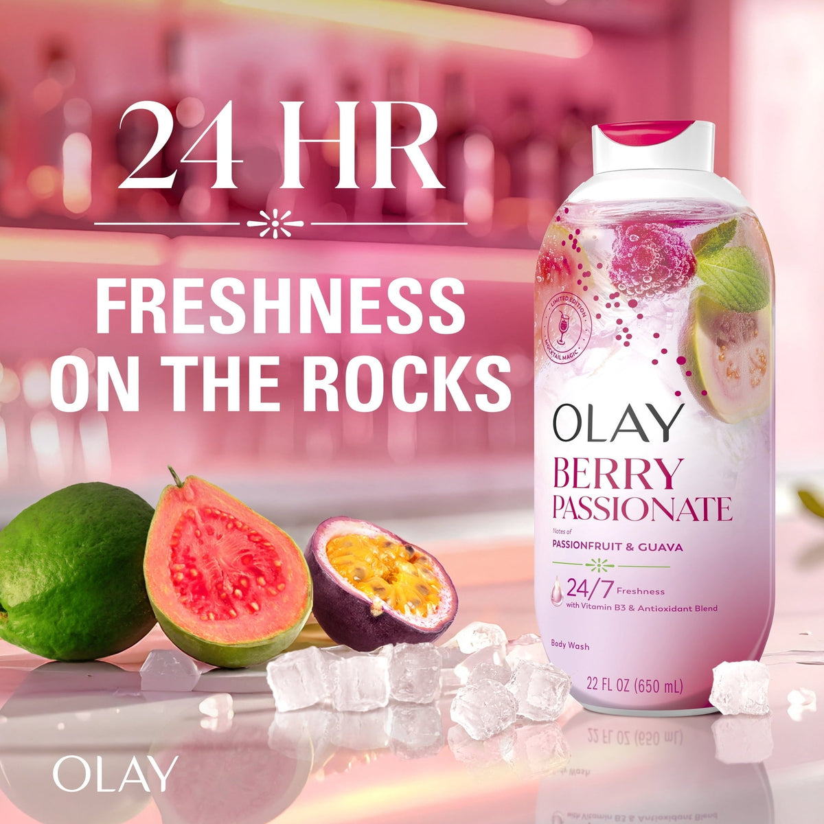 Olay Berry Passionate Body Wash with Notes of Passionfruit and Guava, Vitamin B3 and Antioxidant Blend, 22oz