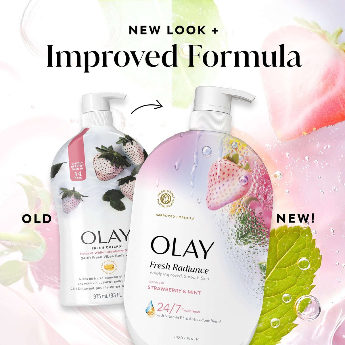 Olay Fresh Radiance Body Wash, Strawberry & Mint, with Vitamin B3, 35oz