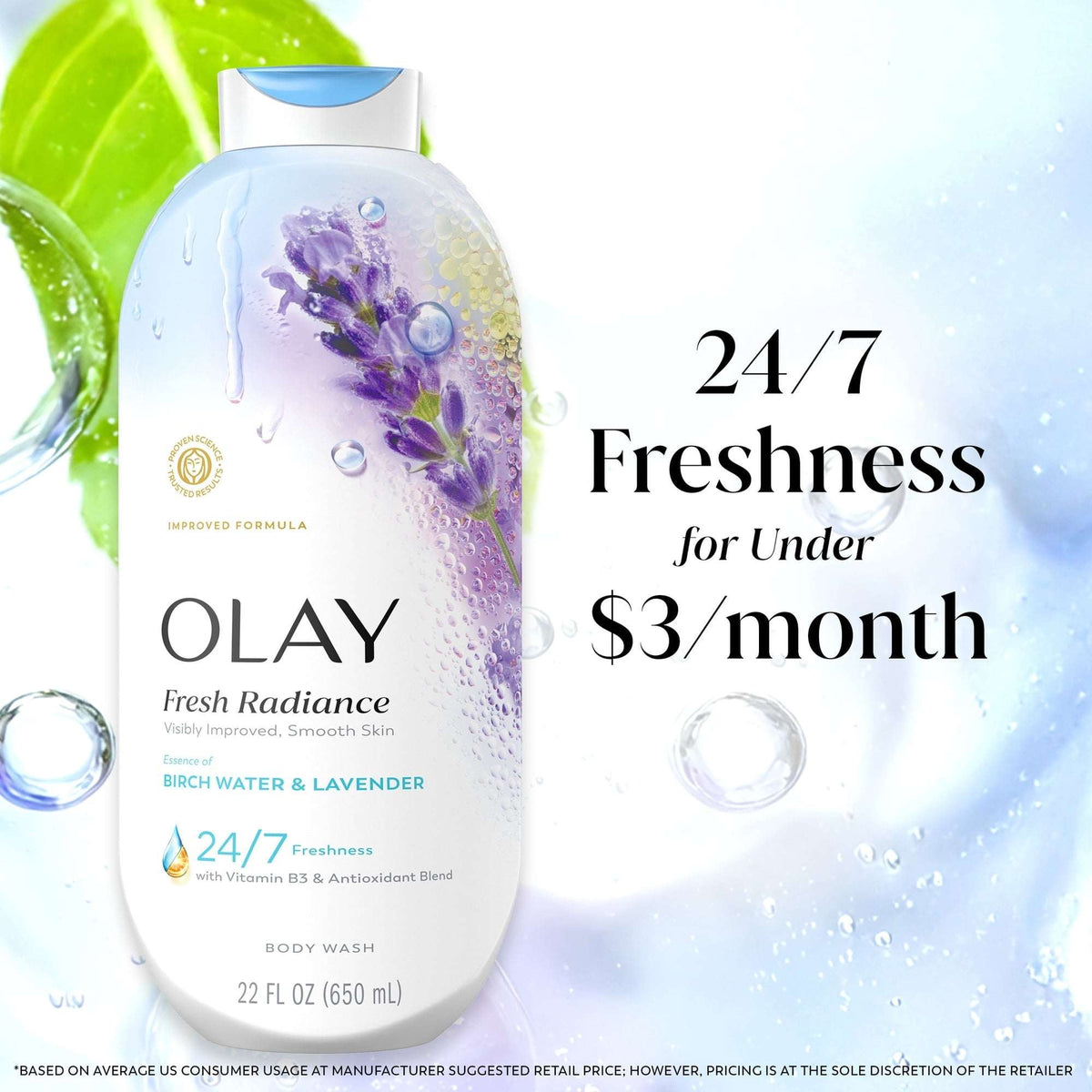 Olay Fresh Radiance Body Wash with Essence of Birch Water and Lavender, Vitamin B3 and Antioxidant Blend