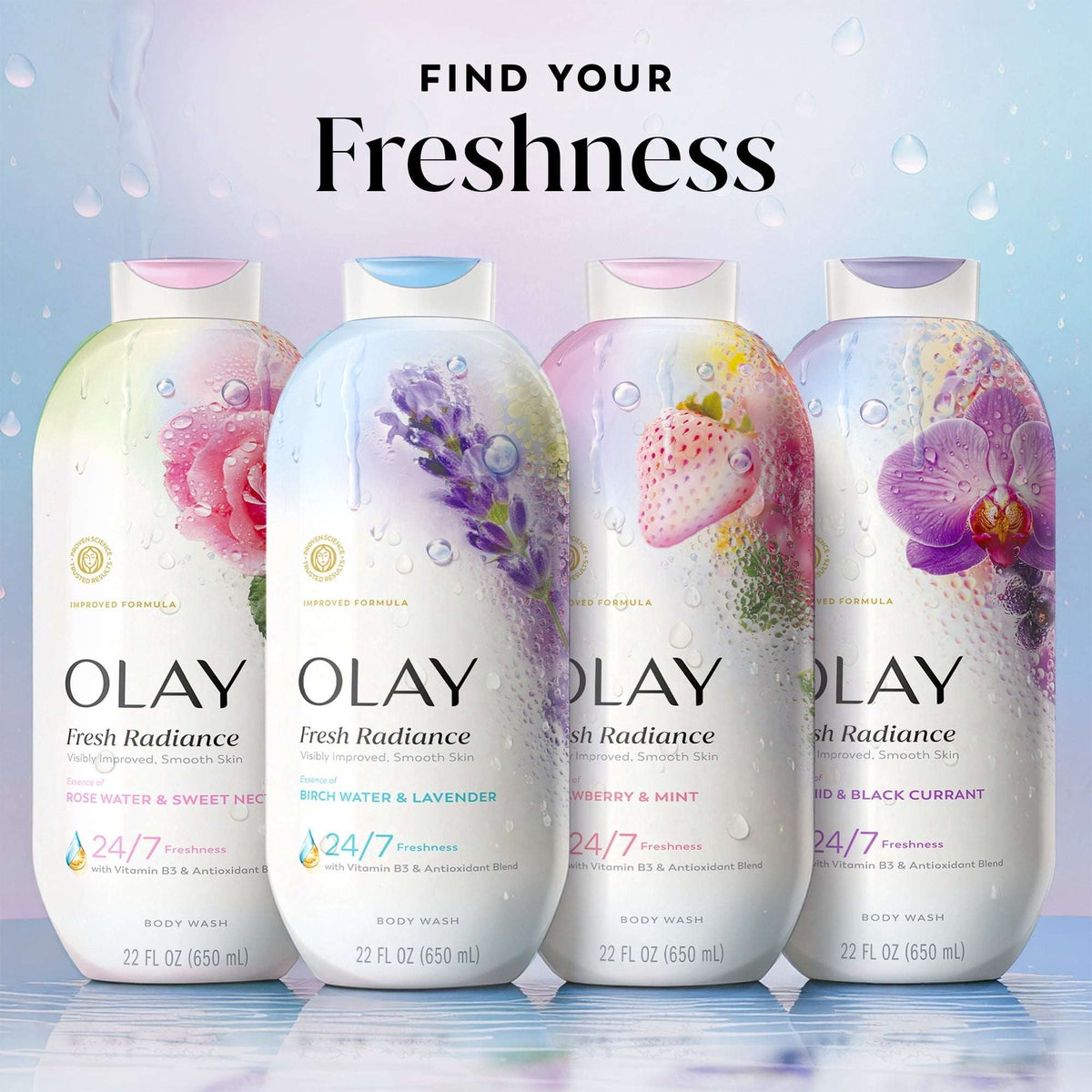 Olay Fresh Radiance Body Wash with Essence of Birch Water and Lavender, Vitamin B3 and Antioxidant Blend